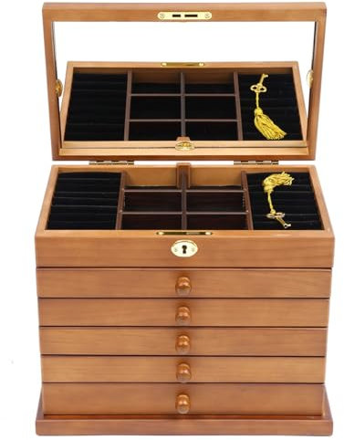 Schmuckkasten Aus Holz Schmuckkoffer Schmuckschatulle Mit Spiegel SchmuckkäStchen Juwelenkasten GroßEr Halskette Ring Schmuckbox Und Schubladen Schmuck Organizers Innenfutter Samt 6 Schicht