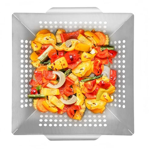 PAXLINSEN Edelstahl Grillkorb, 31 x 31 cm Grillschale mit gelochtem Boden sind Grillzubehör für Gas-, Elektro- und Kohlegrill