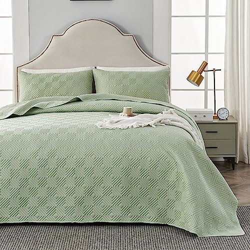 Qucover Tagesdecke 180x220cm Bettüberwurf Grün, Bedspreads aus Mikrofaser, Bettüberwuf Set mit 1 Kissenbezug 50x75cm, Steppdecke bei 3D-Ultraschal genäht, Sofaüberwurf Bettüberwurf