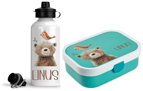 wolga-kreativ personalisierte Mepal Campus Kinder Lunchdose und Flasche Kinder für Mädchen Jungen Bär Lunchbox Pausenset Fächer Unterteilung Schule und Kindergarten