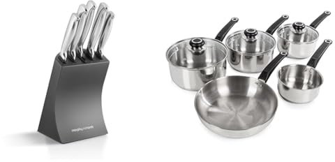 Morphy Richards Accents 974823 5 Piece Knife Block with High Grade Polished Stainless Steel & 970002 Induction Frying Pan and Saucepan Set with Lids, Stay Cool Handles