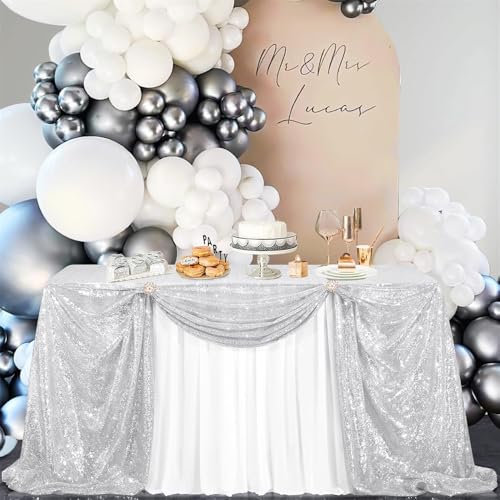 Tischdecke, Pailletten Tischdecke Outdoor Wetterfest Tischdecke 125x200 cm für Hochzeit Geburtstag Weihnachten Graduation Verlobung Party Deko Silber