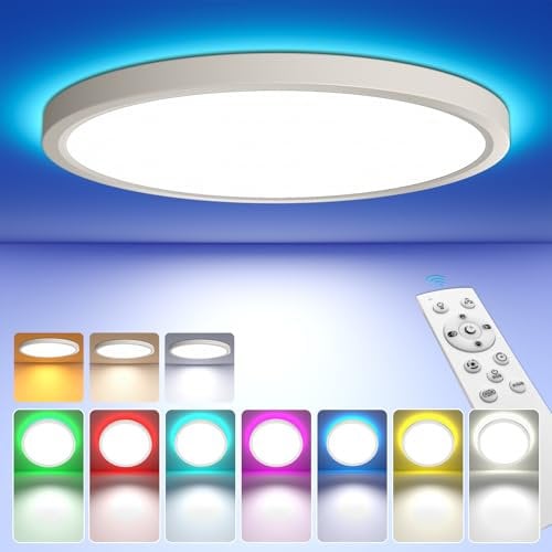 DetarZinLED Led Deckenleuchte Schlafzimmer, 24W 30cm Flach Rund RGB Deckenlampe mit Fernbedienung, 3000K-6500K 2700LM Dimmbar Decken Lampe IP44 für Jugendzimmer Badezimmer[ Energieklasse E]