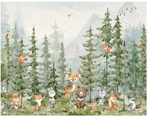 Fototapete Kinderzimmer, Wald, Waldtiere Bäume, Tapeten für Kinder Babyzimmer Vlies Tapeten wandtapete Mädchen und Jungen. Tapete nach Maß 1m2