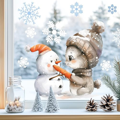Sunnywall Fensterbilder Winter für Kinder Tiermotive in Winterszene als statisch haftende Fenstersticker, WIEDERVERWENDBAR (Hase, A2 Bogen)