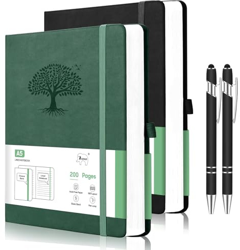 7CDXD 2 Pack Notebook for Work, Leather Journal for Women Men, A5 College Ruled Journal Notebook, Hardcover Notebooks with Pens,100GSM Paper, Office Supplies（Green & Black）