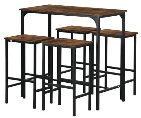 FurnitureR - Juego de 5 Barras de Bar, Mesa de Bar, con 4 Altas, Marco de Acero, Estilo Industrial, rústico marrón, para Cocina, Comedor, Sala de Estar, 100 x 60 x 90 cm