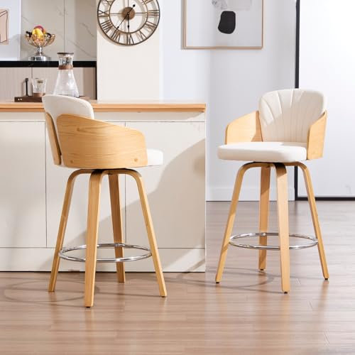 chairus Tabourets de Bar avec Repose-Pieds en Métal Lot de 2 Tabourets de Comptoir Velours Chaise Haute Bar avec Pieds en Bois pour Central Îlot, Beige-2