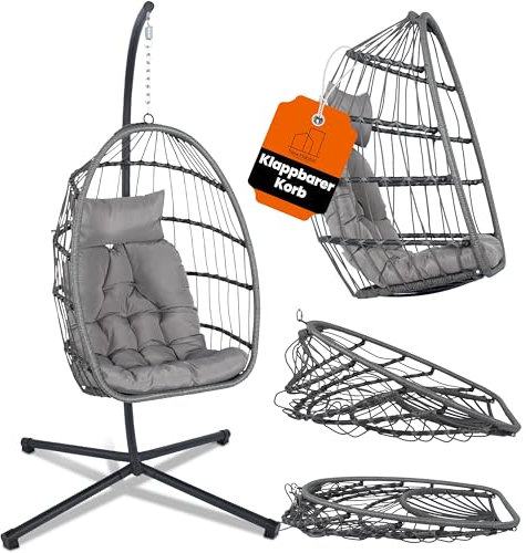 NewHabitat | Komfortabler Hängesessel mit Gestell | Klappbarer Hänge Sessel wetterfest für Indoor & Outdoor, ideal für Garten & Wintergarten (Grau)