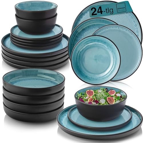 SÄNGER Granada | Tafelservice 24 teilig, Steingut Geschirr Set 6 Personen, 6x Teller Set 6x Frühstücksteller 6x Tiefe Teller 6x Pastaschalen blau mit schwarzem Rand | VALUE COLLECTION
