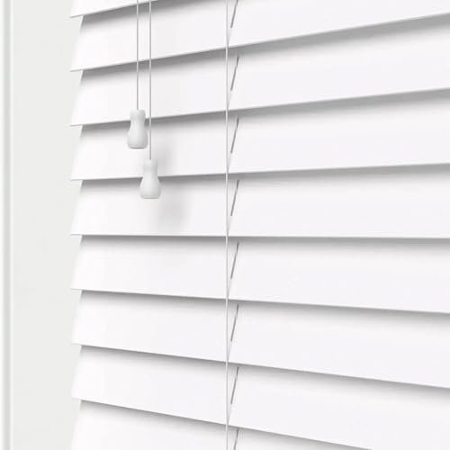 Made to Measure White Wooden Venetian Blinds – Faux Wood, Moisture & Flame Resistant PVC Slats, Cord Control, Light & Privacy Control, Ideal for Kitchen & Bathroom Windows
