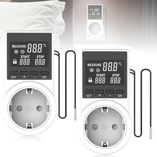2 Stück Thermostat Steckdose, LCD Bildschirm Heizung Kühlung Digital Zeitschaltuhr mit Wasserdichtem Kopf, Zeitschaltuhr Steckdose Sonde für Gewächshaus, Aquarium, Terrarium