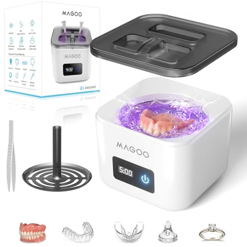 Ultrasonic Retainer Cleaner Machine, Denture Cleaner for Aligners Night Guards Braces Mouth Guards Toothbrush Heads，All-in-One Dental & Jewelry Cleaner, 45kHz 200ML, Dual Modes