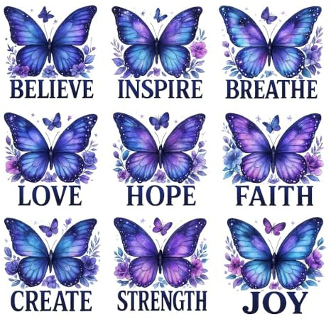 Butterfly DTF Heat Transfers – 9 Ready-to-Press Iron On Stickers | Inspirational Quotes & Floral Designs for T-Shirts, Bags, DIY Clothing & Craft Projects