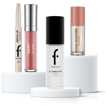 Flormar Glow Getter Set – 4-tlg. Make-up Kit – Illuminating Primer, Mood Booster Liquid Highlighter, Brow Up Pencil & Dewy Lip Glaze – Base, Face & Lip Glow (White, Sun Goddess, Diamond, Shine Today)