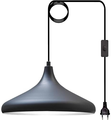 bamyum Champion Pendelleuchte, Vintage, 35 cm, E27, Vintage, für Schlafzimmer, Hängeleuchte, Wohnzimmer Industrielle Lampe mit Schalter 4,5 m, verstellbares Kabel, Plug-in, Schwarz-Weiß
