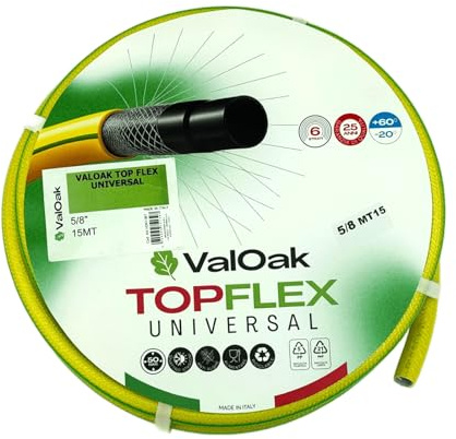 ValOak Topflex Universal Tubo Irrigazione Giardino 5/8 | 6 Strati Rinforzato | Antitorsione | PVC Atossico | 50Bar | Made in Italy (15mt)