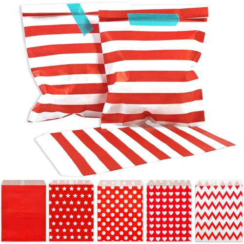 Frau WUNDERVoll® 25 PAPIERTÜTEN ROT, STREIFEN 13 x 16,5 cm, 45 Gramm Papier, flach/Candy Bar, Hochzeit, Kindergeburtstag, Papiertütchen, Candybag, Tüten, Mitgebseltüten