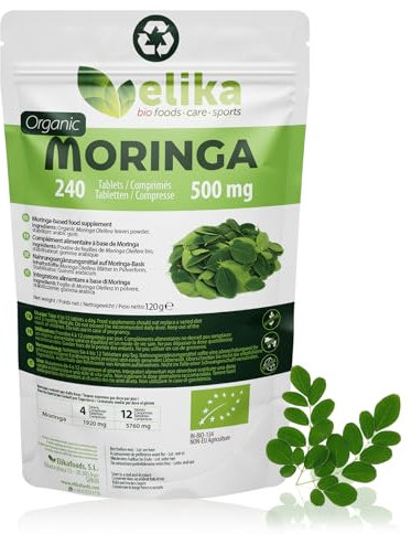 Moringa Oleifera Elikafoods® ORGÁNICA. 240 comprimidos 500 mg. Superfood natural: Vitaminas, proteínas, minerales, antioxidantes. Energizante natural. Vegana, sin gluten y libre de aditivos.