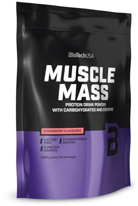BioTechUSA Muscle Mass | Protéines et glucides en poudre | avec créatine et peptides de glutamine | Gainer | Sans lactose | Créatine micronisée | 1 kg | Fraise