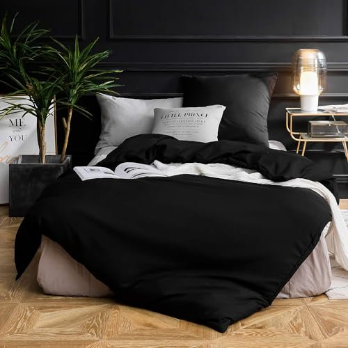 AYSW Bettwäsche gebürstet Microfaser 1 Bettbezug 135x200cm + 1 Kopfkissenbezug 80x80cm mit Reißverschluss Schwarz