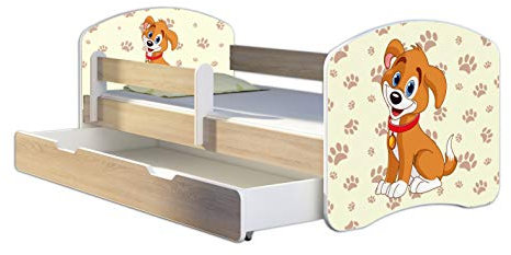 Kinderbett Jugendbett mit einer Schublade und Matratze Sonoma mit Rausfallschutz Lattenrost ACMA II 140x70 160x80 180x80 (11 Welpe, 180x80 + Bettkasten)
