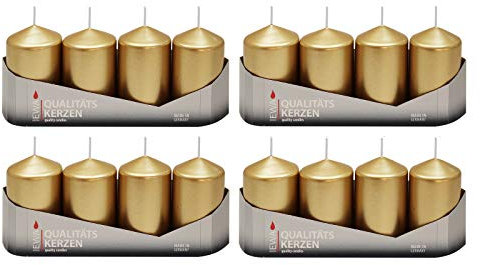 Stumpenkerzen Gold lackiert, 16 Stück (4 x 4 Stück), Größe ca. 50 x 80 mm Adventskerzen Weihnachtskerzen Säulenkerzen