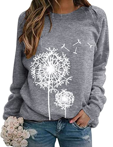 Dresswel Damen Löwenzahn Sweatshirt Langarmshirt Pusteblume Drucken Pullover Herbst Winter Bluse Tops Oberteile (2-Grey, L)