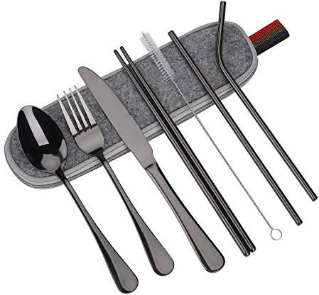 QH-Shop Cubiertos de Acero Inoxidable Utensilios Portátiles Reutilizable Cuchillo Tenedor Cuchara para Oficina en Casa Al Aire Libre 8 Piezas