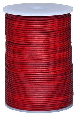 Cords Essentials Round Genuine Leather String Cord, Rope for Jewelry Making, Necklaces, Bracelets, Kumihimo Braiding, Wraps, Crafts and Hobby Projects (Distressed Blood Red, 2.0 MM)