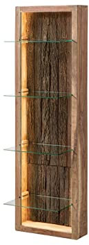 MASSIVMOEBEL24.DE | BARK by WOLFMÖBEL - massives Wandregal- freischwebend - Natur, lackiert | echte Baumrinde | LED-Beleuchtung | Akazienholz | 5 Fächer | 45x30x145 | Regal Vitrine