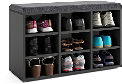 KOMTO Schuhbank mit Sitzfläche - Schuhregal Schwarz 80 x 50 x 30 cm Schuhschrank mit Sitzbank Flur Bank mit Stauraum Garderobenbank Sofia