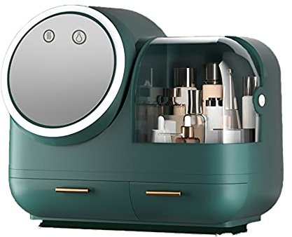 Acesunny Kosmetikorganiser mit Spiegel, Beauty Box mit Licht und Staubdichtem Deckel Kosmetik Make up Organizer Aufbewahrungsbox LED-Licht USB-Aufladung (Grün)