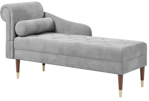 Vesgantti Velvet Chaise Longue, Indoor Lounge Sofa with Left Armrest and Lumbar Pillow, Upholstered Chaise Lounge for Living Room Bedroom and Office, Tool-free Assembly(Grey)
