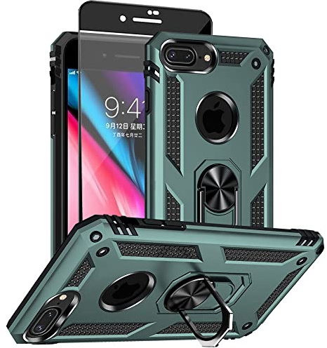 Aozuoton for iphone 8 Plus Case, iphone 7 Plus Phone Case with HD Screen Protector, [Military Grade 16ft. Drop Tested] Ring Shockproof Protective Phone Case for iphone 8/7 Plus Dark Green