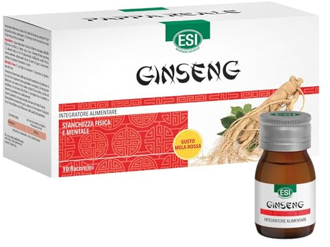 ESI - Go Up Ginseng, Integratore Alimentare Utile in Caso di Stanchezza Fisica e Mentale, Azione Antiossidante ed Energetica, Senza Glutine e Vegetariano, Gusto Mela Rossa, 10 Flaconcini