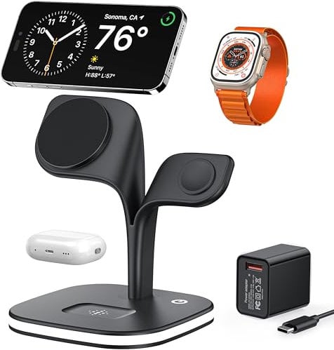 EXW Magnetic Wireless Charger,3 in 1 MagSafe Wireless Charging Station Compatible with iPhone 16/15/14/13/12, for Apple Watch Ultra/10/9/8/7/6/SE/5/4/3/2, AirPods 3/2/ Pro (with Adapter)