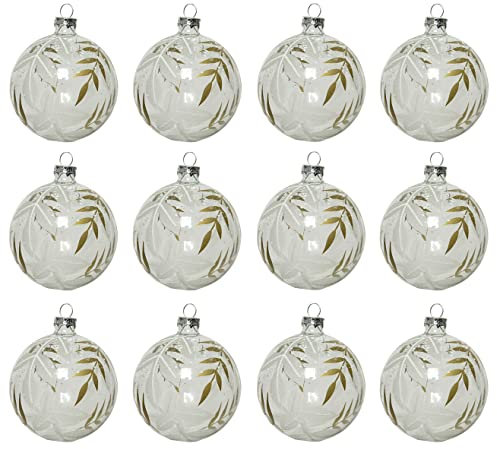 Kaemingk Weihnachtskugeln Glas 8cm x 12 Stück mit Blätter Muster Christbaumkugeln weiß Gold Klar transparent
