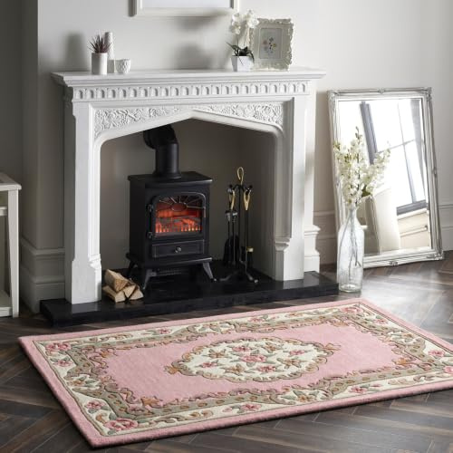 Lotus Premium Traditioneller Teppich, Aubusson, Wolle, schwer, dick, floral, handgetuftet, klassischer Teppich, Rosa, Größe XS, 60 x 120 cm