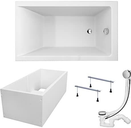 KOLMAN Badewanne CAPRI Rechteck 120x70 mit Wannenträger, Ablaufgarnitur und Füßen Komplettset 4in1 Premium Original Acryl Wanne Siphon