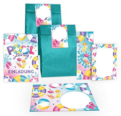 Junapack 12 Einladungskarten zum Kindergeburtstag Schwimmbad Einladungen für Geburtstag Mädchen Pool-Party incl. 12 Umschläge, 12 Tüten/petrol, 12 Aufkleber, 12 Lesezeichen, 12 Blöcke
