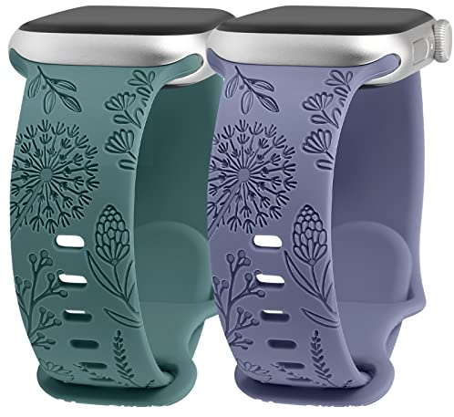 TOYOUTHS Compatible with Apple Watch Straps 38mm 40mm 41mm 42mm, Soft Silicone Sport Strap Women Dandelion Engraved Pattern Replacement Band for iWatch Series 11 10 9 8 7 6 5 4 SE 3 2 1, Blue/Green