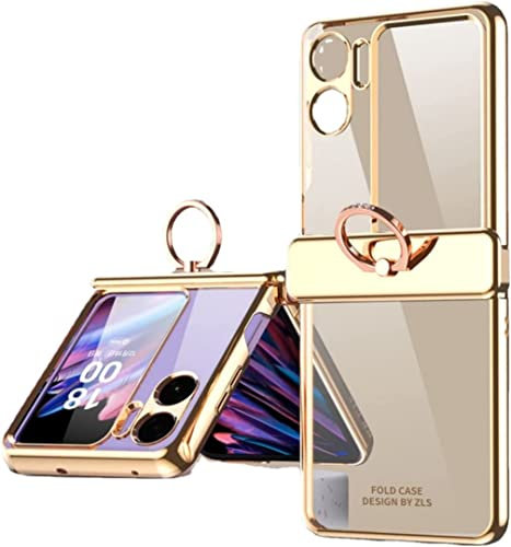 Unichthy Clear Case for OPPO Find N2 Flip Case with Metal Ring Holder, Shiny Plated Frame Shockproof Cover with Hinge Protection Transparent Official Phone Case for OPPO Find N2 Flip 5G 2023 Gold