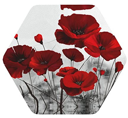 Lot de 6 dessous de verre en cuir imprimé coquelicot rouge - Cadeau de pendaison de crémaillère
