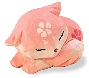 ALHBEJT Holzfuchs-Figuren, Skulptur, Statue, schöne kleine geschnitzte Fuchsstatue, handgefertigt, Holz, Fuchs, Kunst, Schnitzerei, Arbeit für Zuhause, Büro, Dekoration (Rosa)