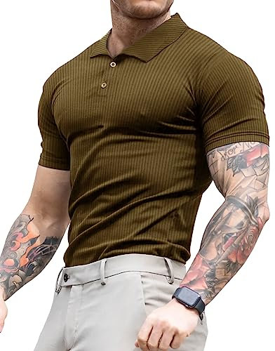 Lehmanlin Men's Muscle Polo Shirts Short Sleeve Casual T- Shirts Slim Fit Stretch Ribbed Golf Tops(Brown/L)