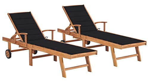 CIADAZ Sonnenliegen 2 STK. Gartenliege, Liegestuhl, Sonnenstuhl, Sonneninsel Outdoor, Liegen, Gartenmöbel, Bäderliege, Relaxliege, mit Schwarzen Auflagen,Massivholz Teak
