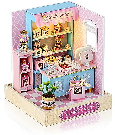 Cuteefun DIY Puppenhaus Miniatur mit Werkzeugen Bastelset, Miniatur Puppenhaus zum Selber Bauen, Kleine Deko Puppen Haus Kit für Geburtstag Weihnachten (Leckere Süßigkeiten)