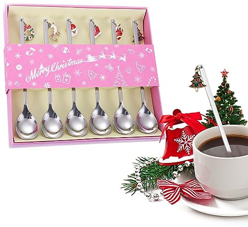 Weihnachtslöffel Set, 6 Stück Kaffeelöffel Edelstahl Geschenke Lang Löffel mit Weihnachtsanhänger Weihnachten Tischdeko, Weihnachtsbesteck Weihnachts Dessert Tee Rührlöffel mit Geschenkbox (Silber)