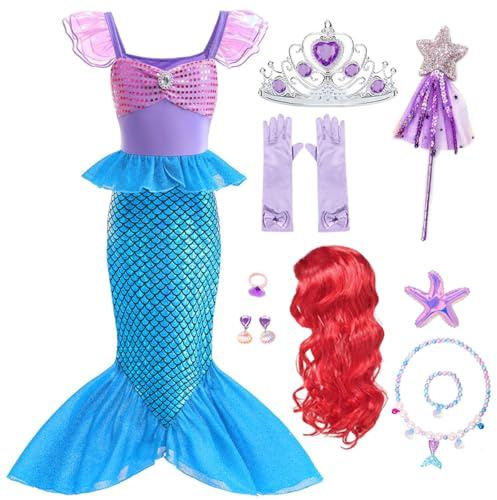 Tyidalin Déguisement Robe Petite Sirène Filles Princesse Costume avec Perruque pour Fête d'anniversaire Halloween Carnaval